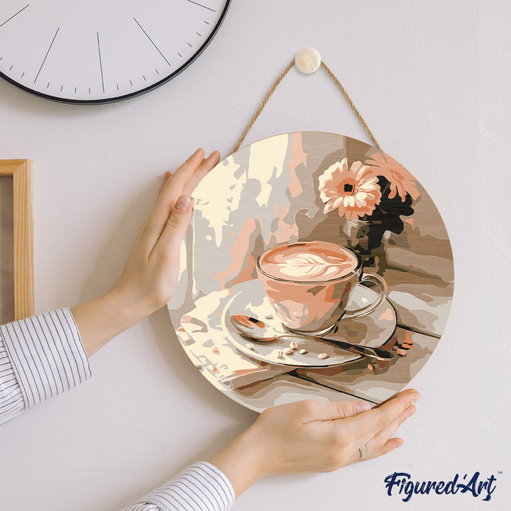 Malen nach Zahlen auf Holzscheibe – Morgenkaffee