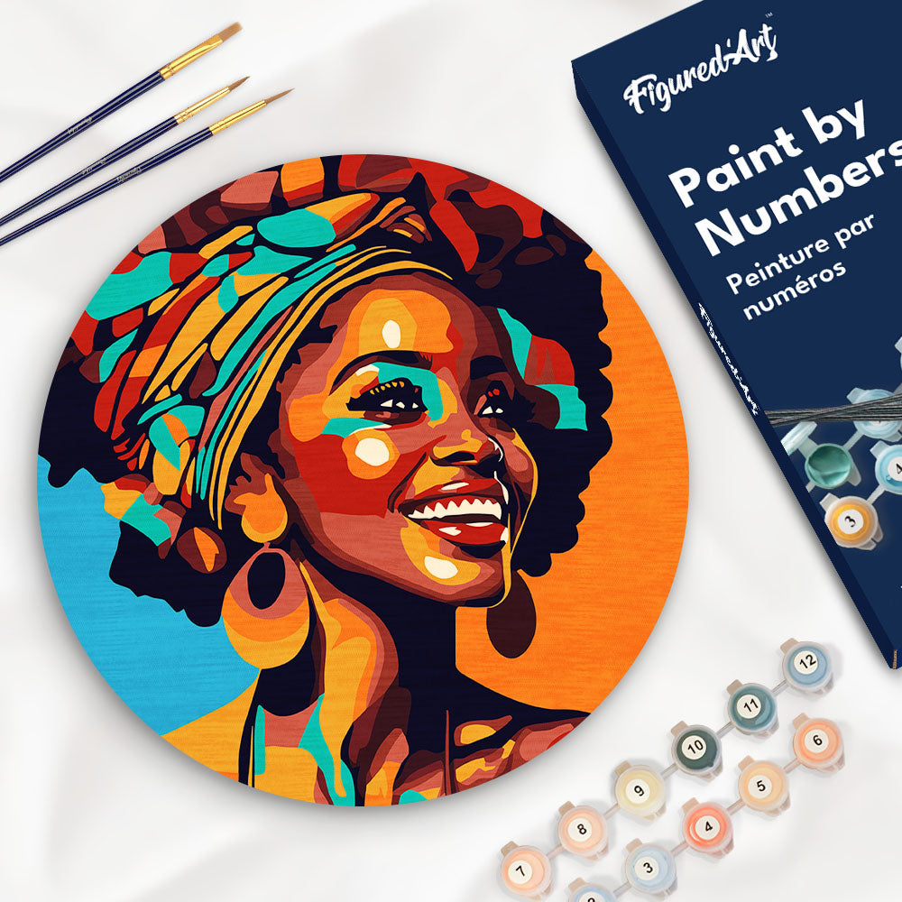 Malen nach Zahlen auf Holzscheibe – Afrikanische Königin Pop Art - Kidis Art