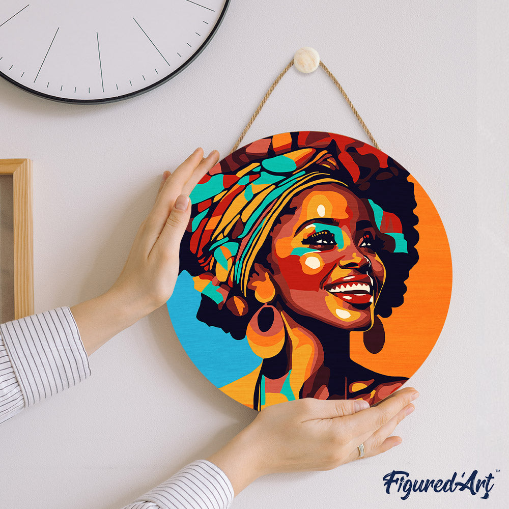 Malen nach Zahlen auf Holzscheibe – Afrikanische Königin Pop Art - Kidis Art