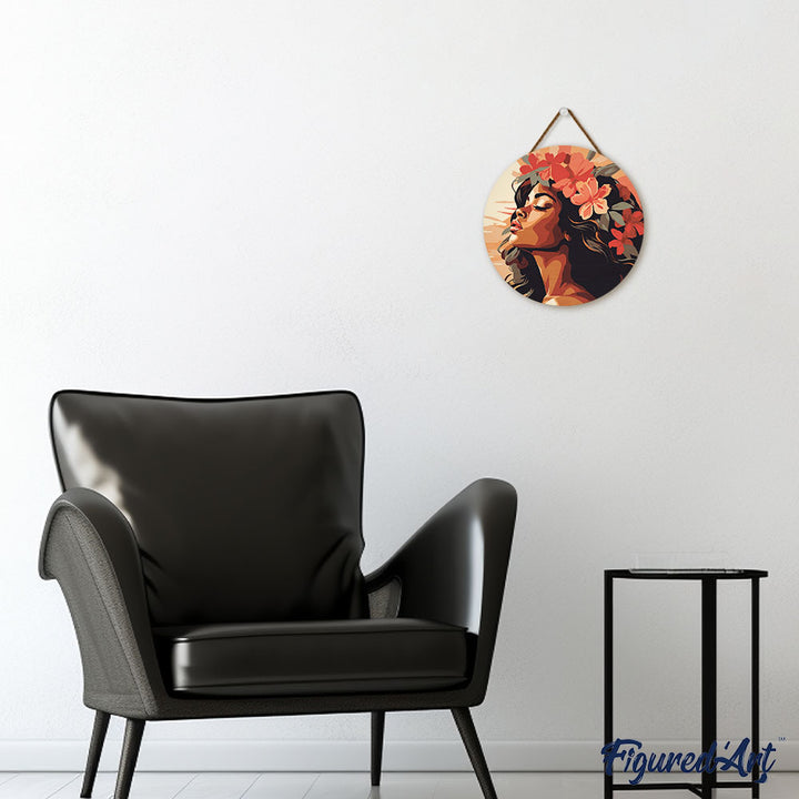 Malen nach Zahlen auf Holzscheibe – Blumenfrau