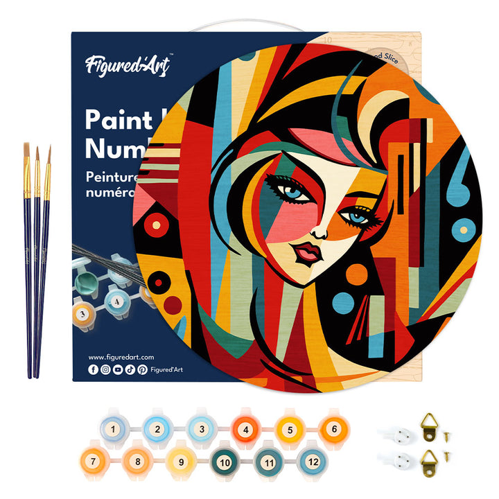 Malen nach Zahlen auf Holzscheibe – Abstrakte Frau im Picasso-Stil