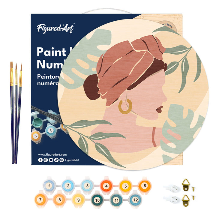 Malen nach Zahlen auf Holzscheibe – Frau mit Turban im Profil