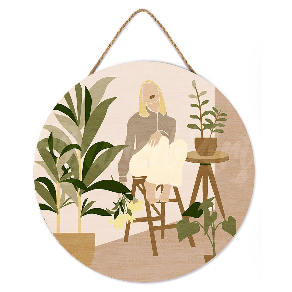 Malen nach Zahlen auf Holzscheibe – Frau und Blumenstrauß