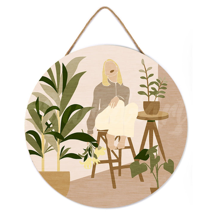 Malen nach Zahlen auf Holzscheibe – Frau und Blumenstrauß