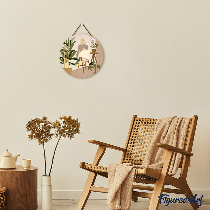 Malen nach Zahlen auf Holzscheibe – Frau und Blumenstrauß