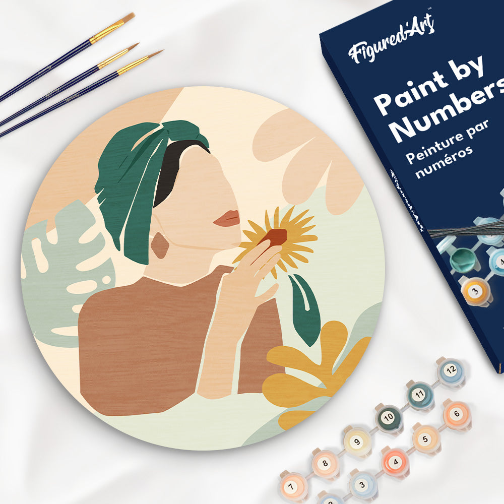 Malen nach Zahlen auf Holzscheibe – Frau mit grünem Turban