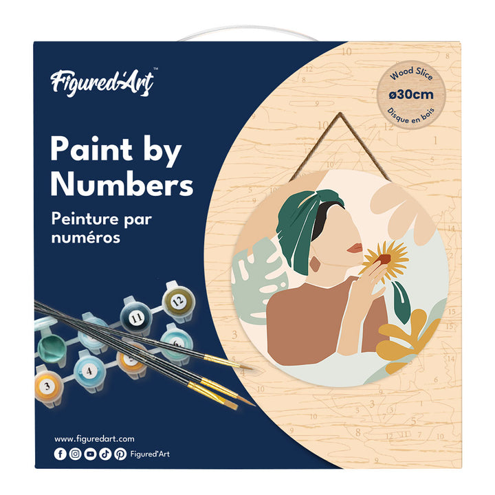 Malen nach Zahlen auf Holzscheibe – Frau mit grünem Turban