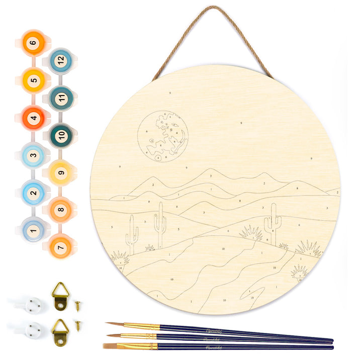 Malen nach Zahlen auf Holzscheibe – Mondschein in der Wüste