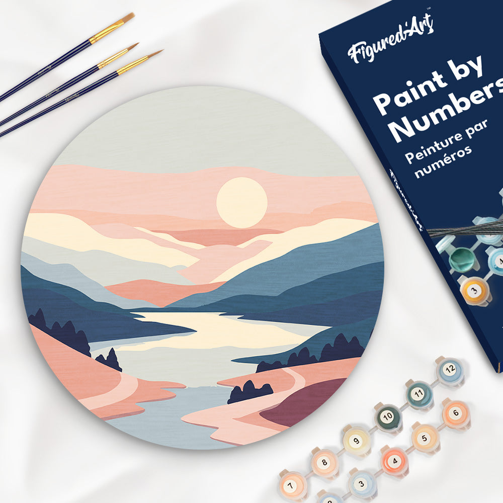 Malen nach Zahlen auf Holzscheibe – Pastellfarbener Sonnenaufgang - Kidis Art