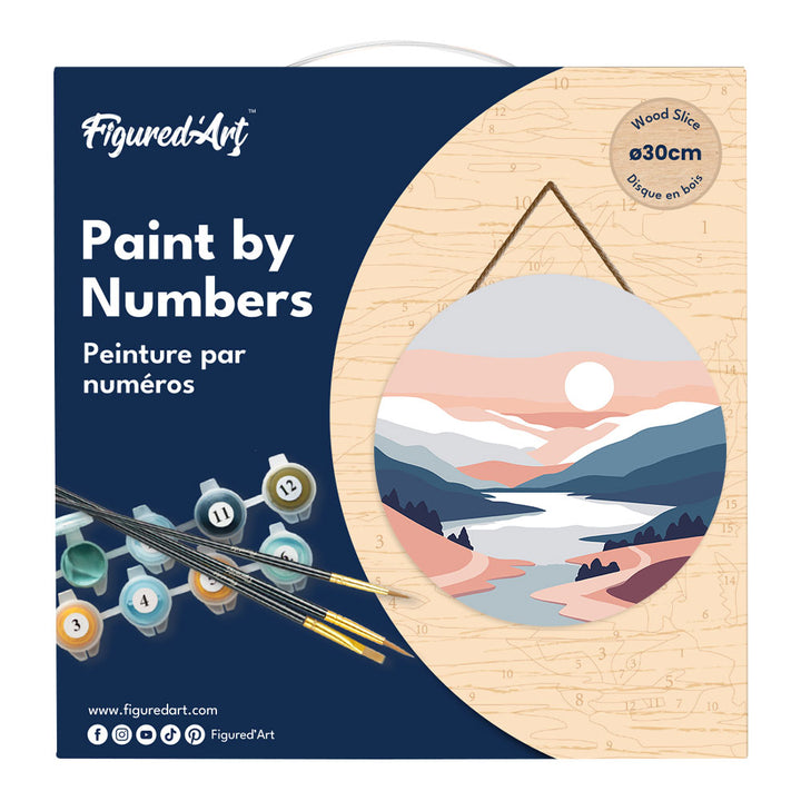 Malen nach Zahlen auf Holzscheibe – Pastellfarbener Sonnenaufgang