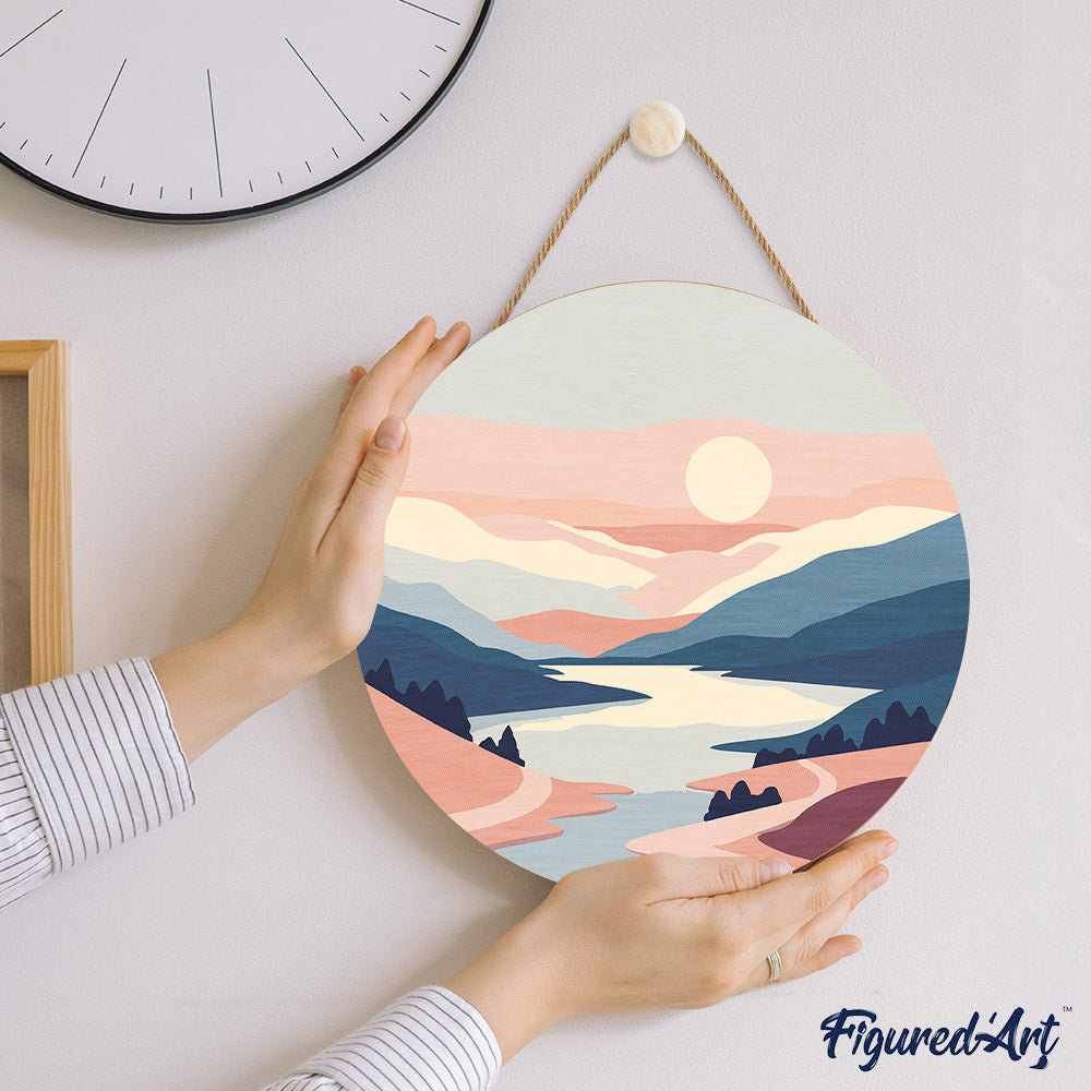Malen nach Zahlen auf Holzscheibe – Pastellfarbener Sonnenaufgang - Kidis Art