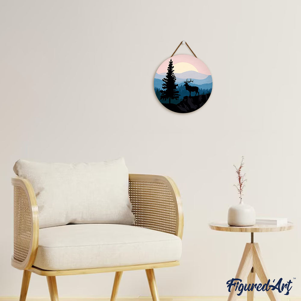 Malen nach Zahlen auf Holzscheibe – Majestätischer Hirsch und Landschaft