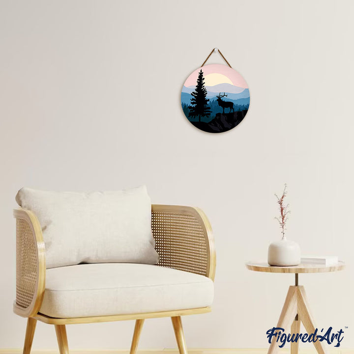 Malen nach Zahlen auf Holzscheibe – Majestätischer Hirsch und Landschaft