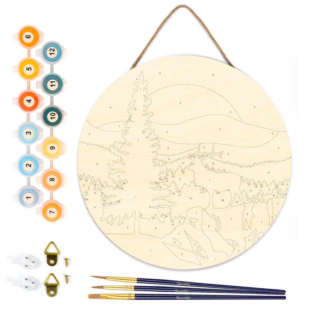 Malen nach Zahlen auf Holzscheibe – Majestätischer Hirsch und Landschaft