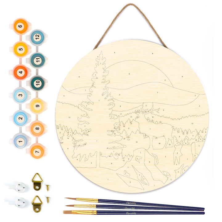 Malen nach Zahlen auf Holzscheibe – Majestätischer Hirsch und Landschaft