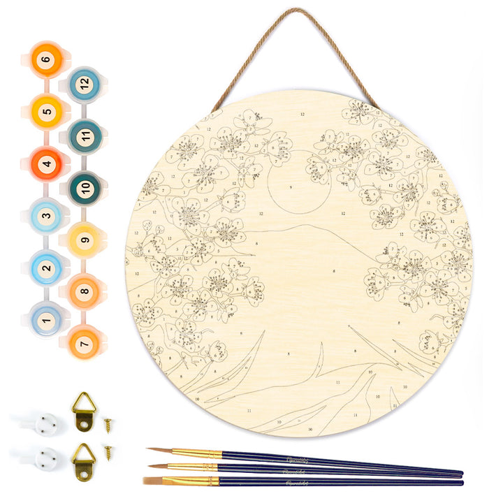 Malen nach Zahlen auf Holzscheibe – Der Berg Fuji