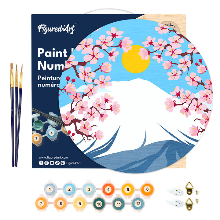 Malen nach Zahlen auf Holzscheibe – Der Berg Fuji
