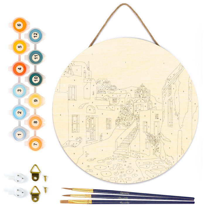 Malen nach Zahlen auf Holzscheibe – Santorin