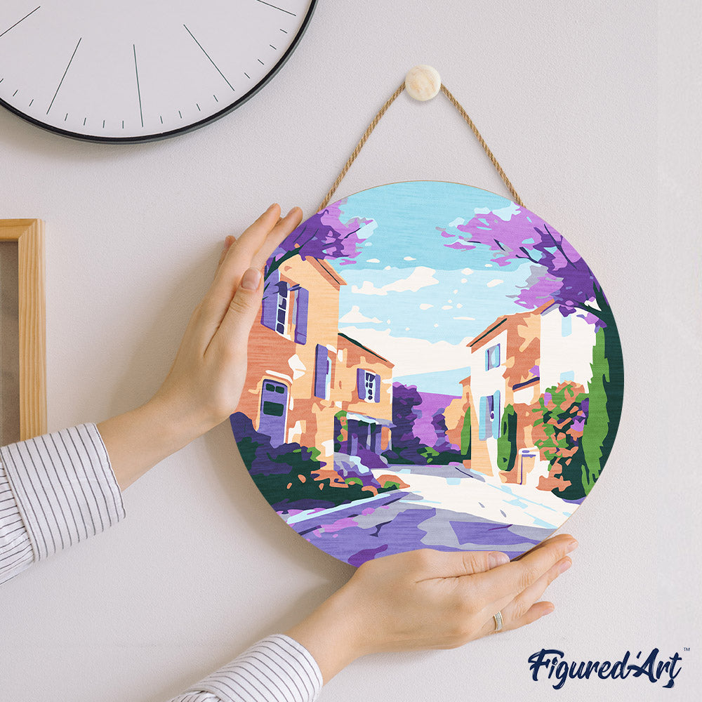 Malen nach Zahlen auf Holzscheibe – Frühling in der Provence