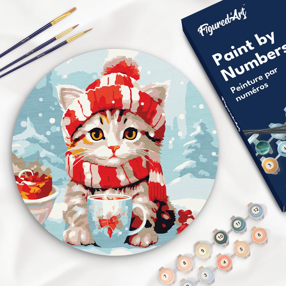 Malen nach Zahlen auf Holzscheibe – Süße Katze mit rotem Schal