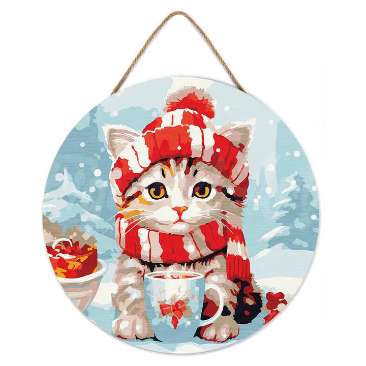 Malen nach Zahlen auf Holzscheibe – Süße Katze mit rotem Schal