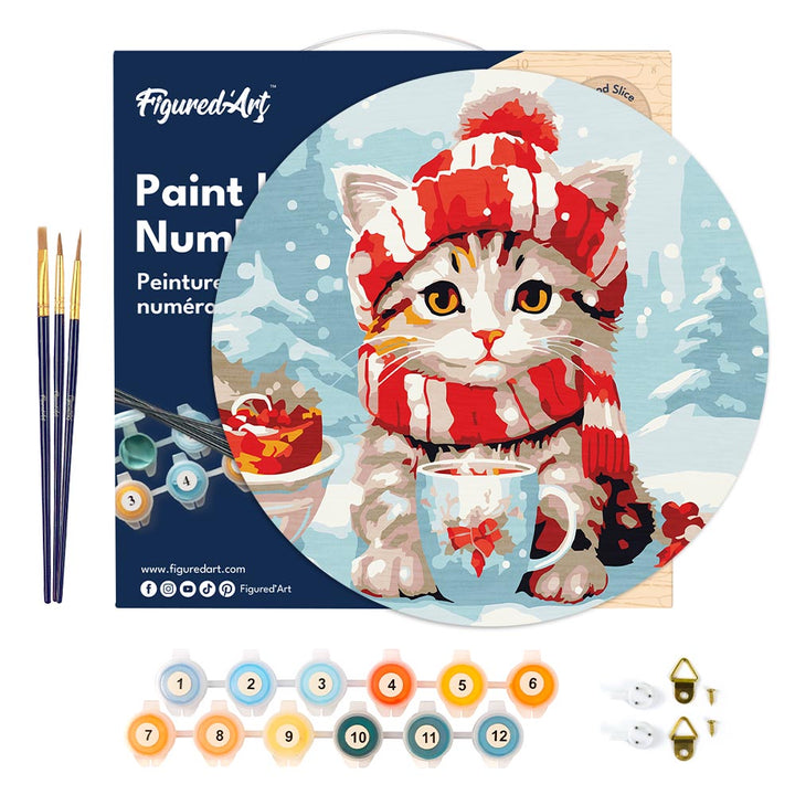 Malen nach Zahlen auf Holzscheibe – Süße Katze mit rotem Schal
