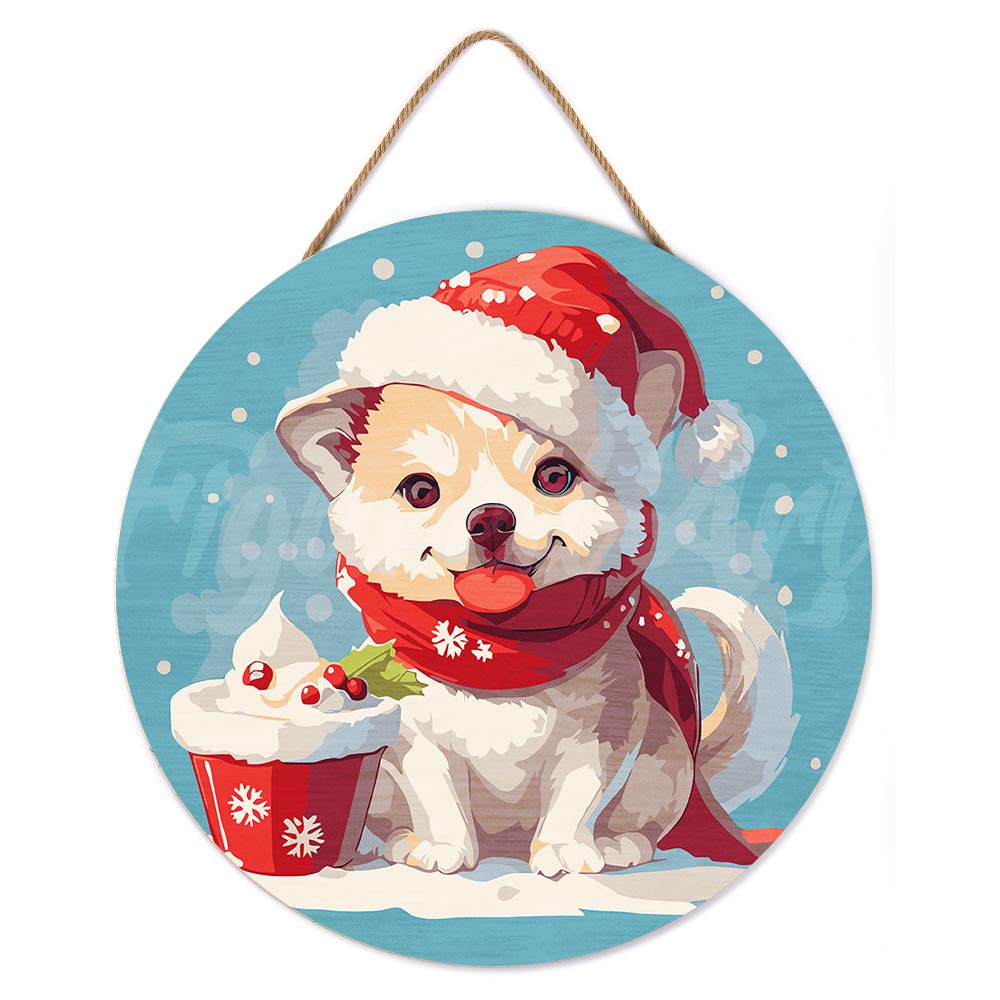 Malen nach Zahlen auf Holzscheibe – Weihnachtswelpe