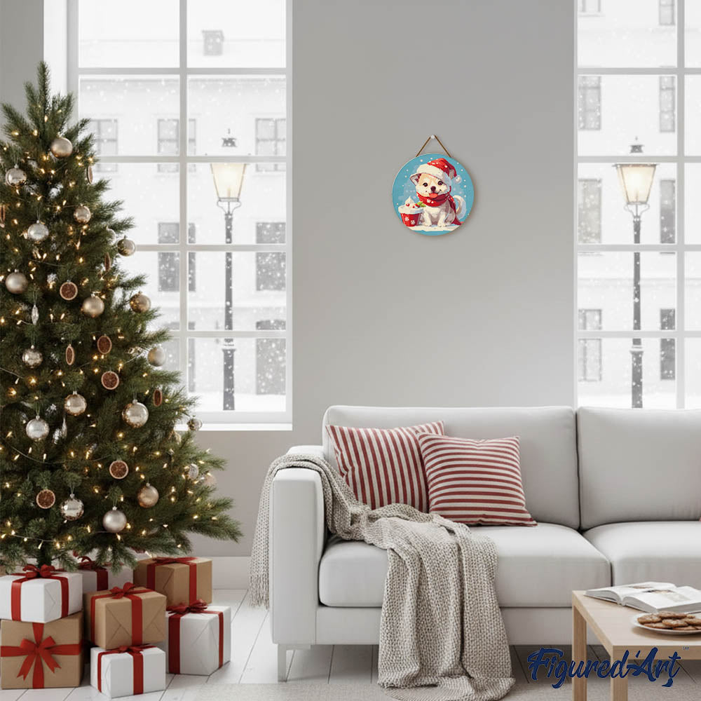 Malen nach Zahlen auf Holzscheibe – Weihnachtswelpe