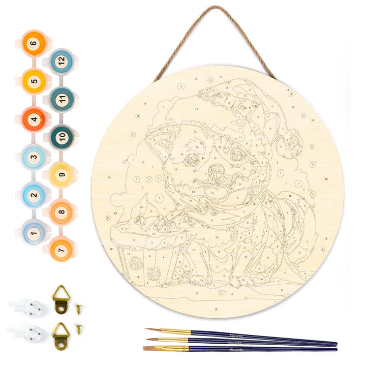 Malen nach Zahlen auf Holzscheibe – Weihnachtswelpe