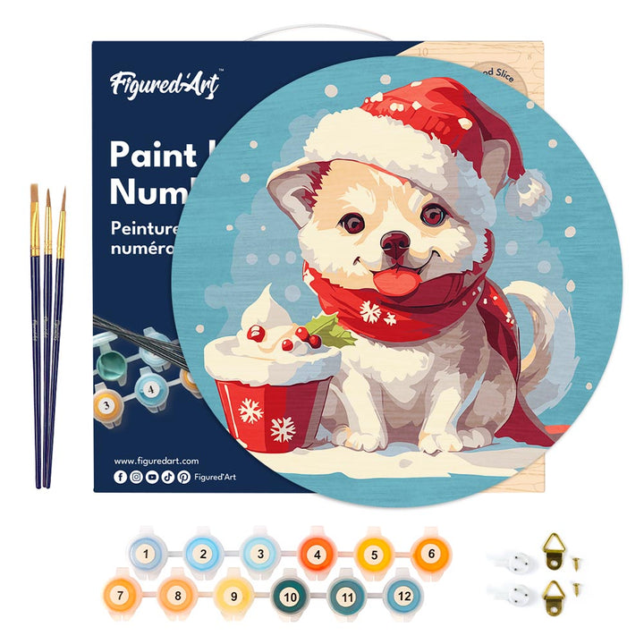 Malen nach Zahlen auf Holzscheibe – Weihnachtswelpe