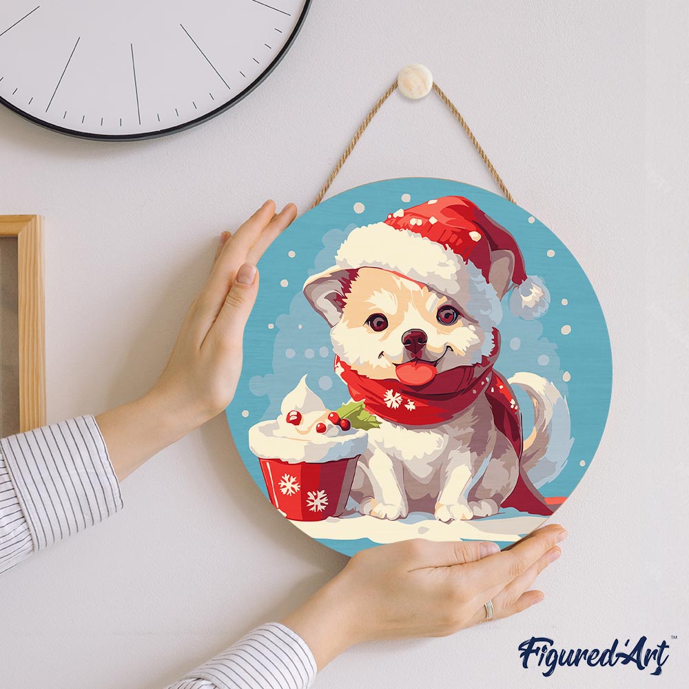 Malen nach Zahlen auf Holzscheibe – Weihnachtswelpe - Kidis Art
