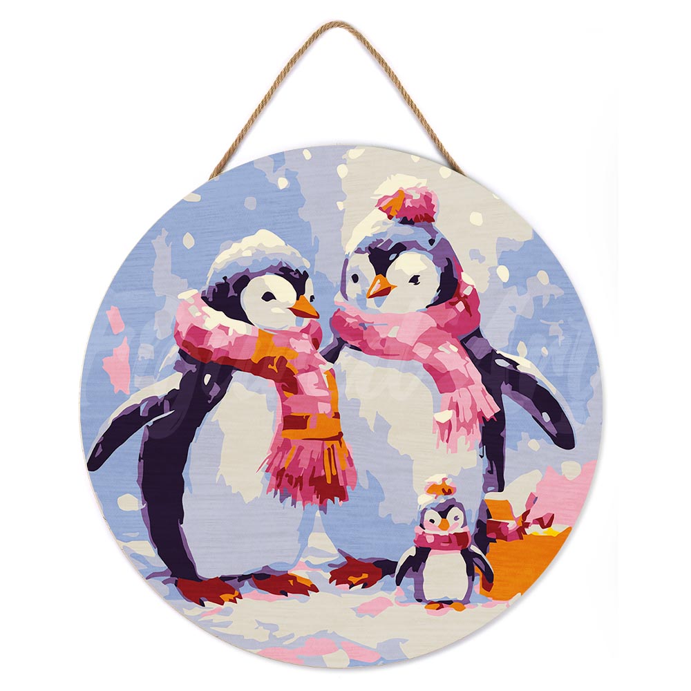 Malen nach Zahlen auf Holzscheibe – Pinguinfamilie im Schnee