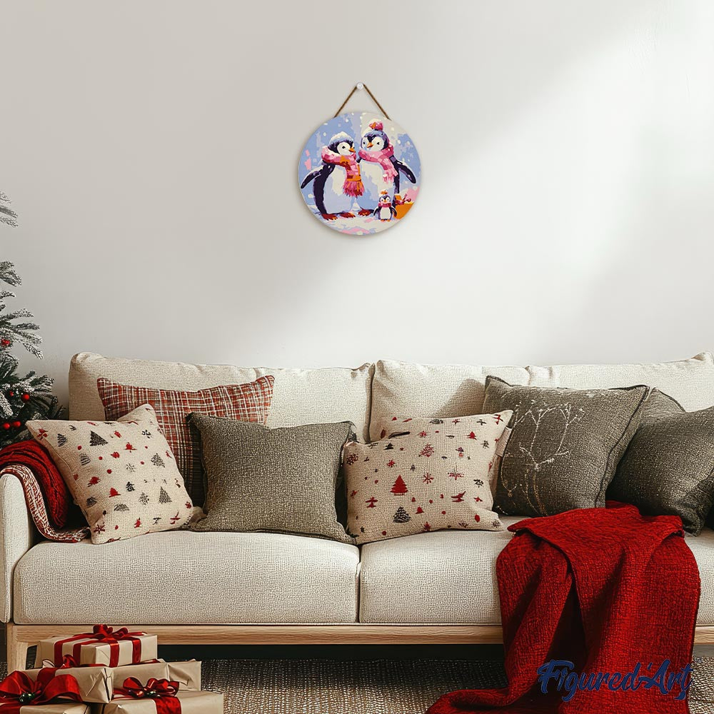 Malen nach Zahlen auf Holzscheibe – Pinguinfamilie im Schnee