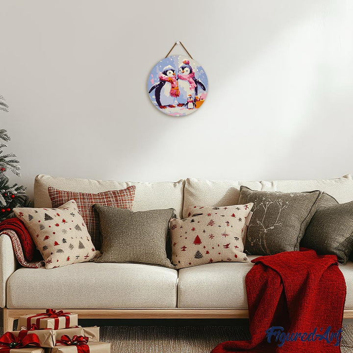 Malen nach Zahlen auf Holzscheibe – Pinguinfamilie im Schnee