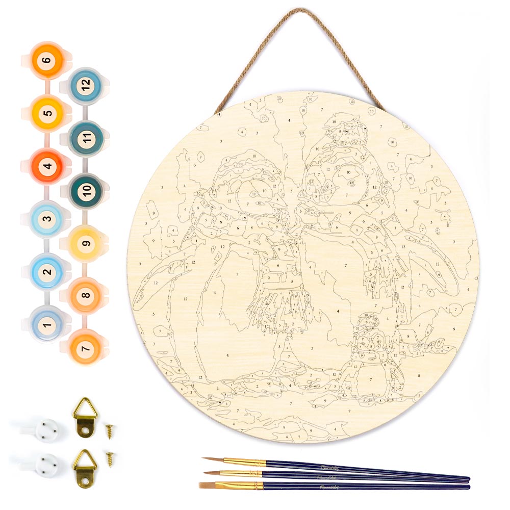 Malen nach Zahlen auf Holzscheibe – Pinguinfamilie im Schnee