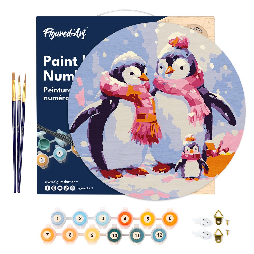 Malen nach Zahlen auf Holzscheibe – Pinguinfamilie im Schnee - Kidis Art
