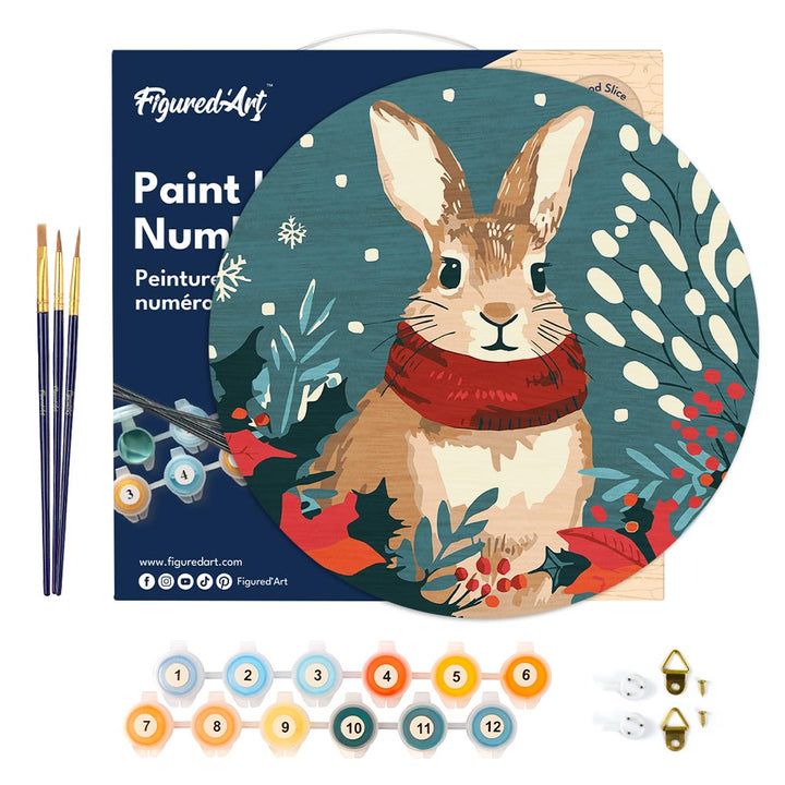 Malen nach Zahlen auf Holzscheibe – Weihnachtshase 