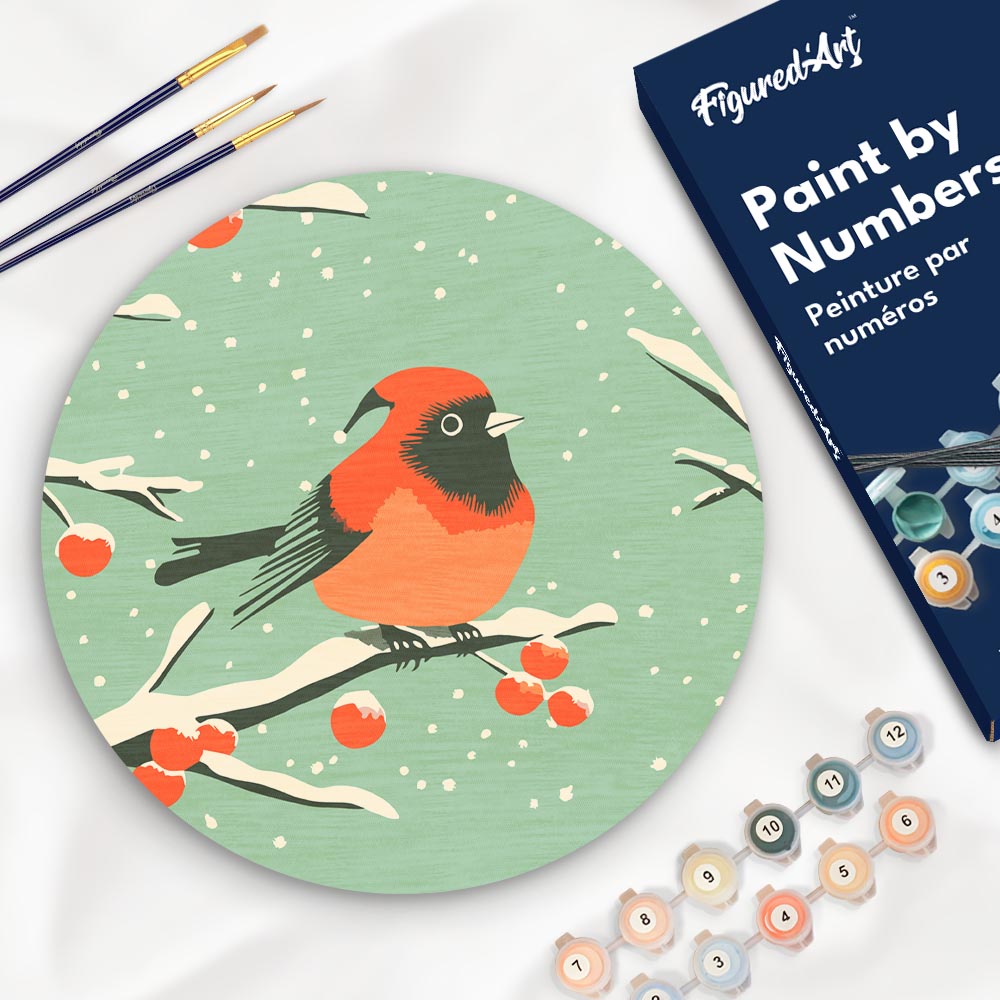 Malen nach Zahlen auf Holzscheibe – Roter Wintervogel - Kidis Art