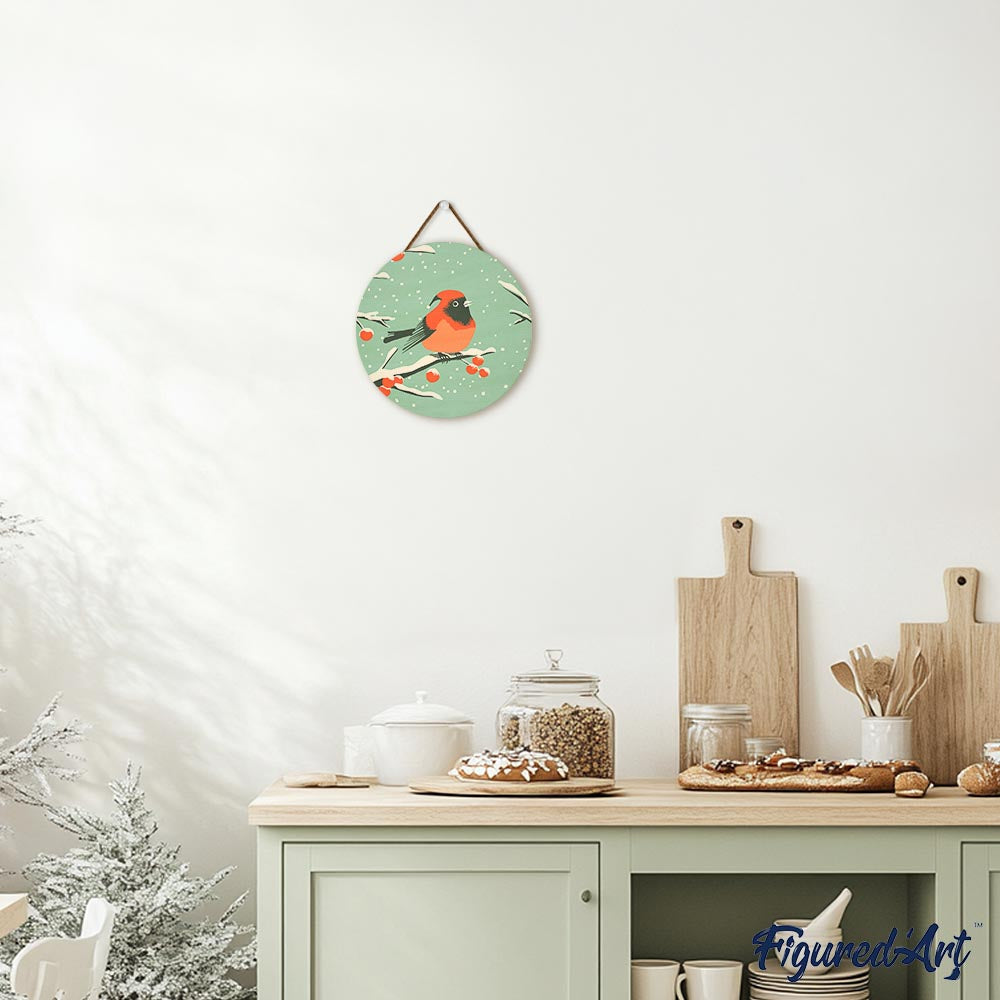 Malen nach Zahlen auf Holzscheibe – Roter Wintervogel