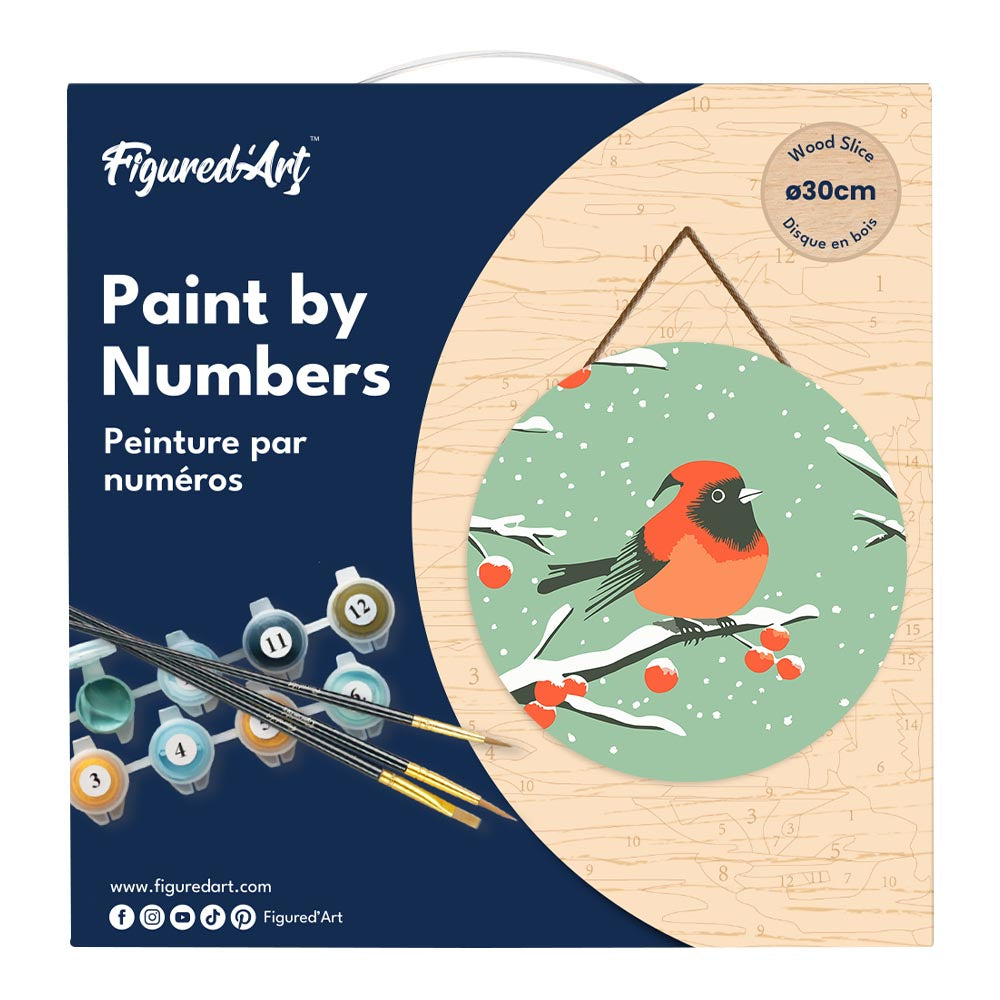 Malen nach Zahlen auf Holzscheibe – Roter Wintervogel