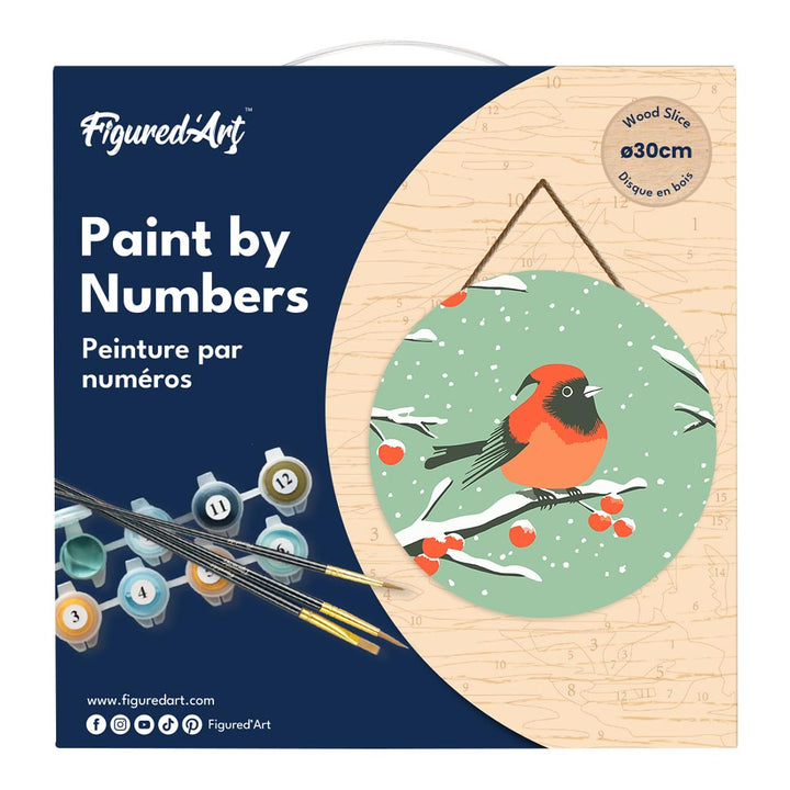 Malen nach Zahlen auf Holzscheibe – Roter Wintervogel