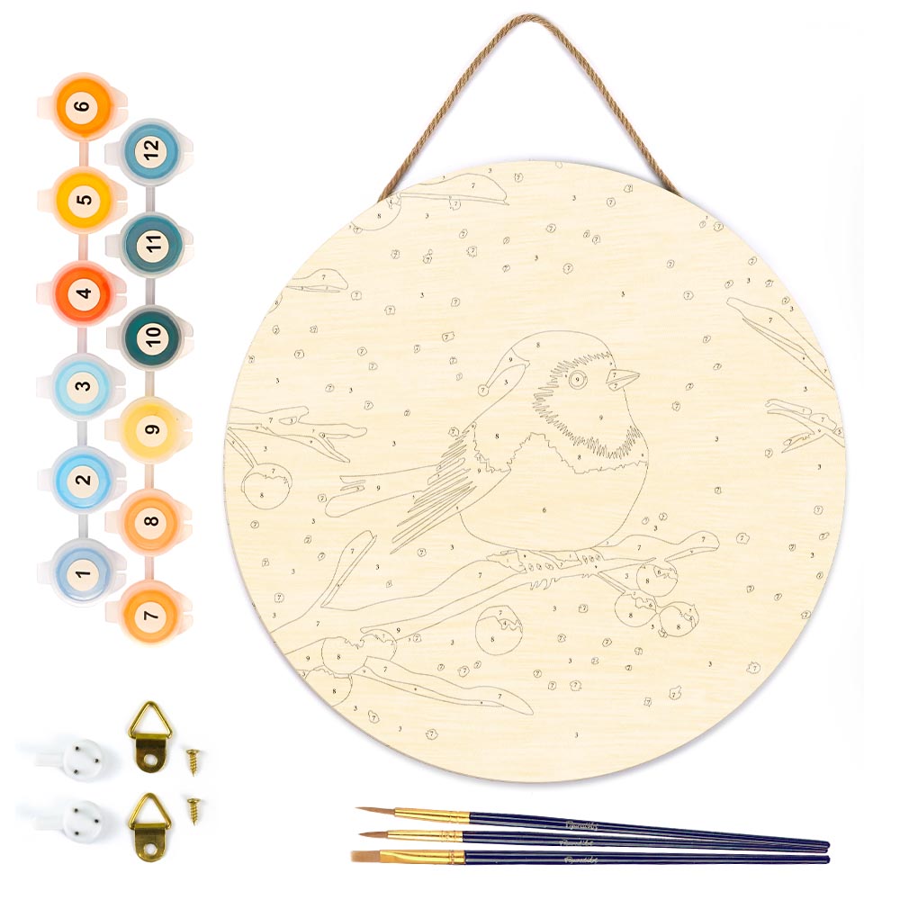 Malen nach Zahlen auf Holzscheibe – Roter Wintervogel