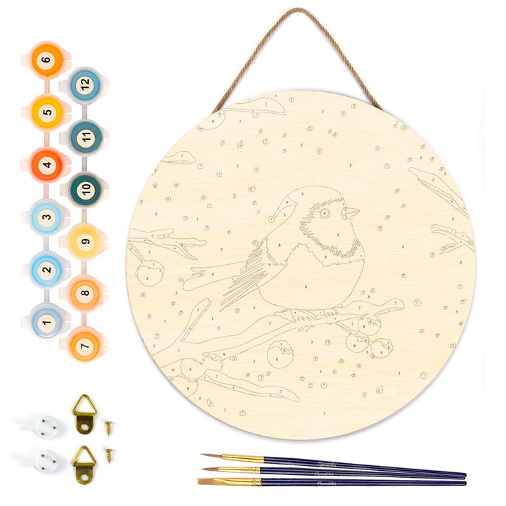 Malen nach Zahlen auf Holzscheibe – Roter Wintervogel