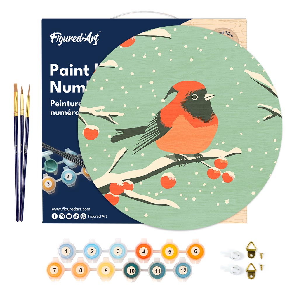 Malen nach Zahlen auf Holzscheibe – Roter Wintervogel