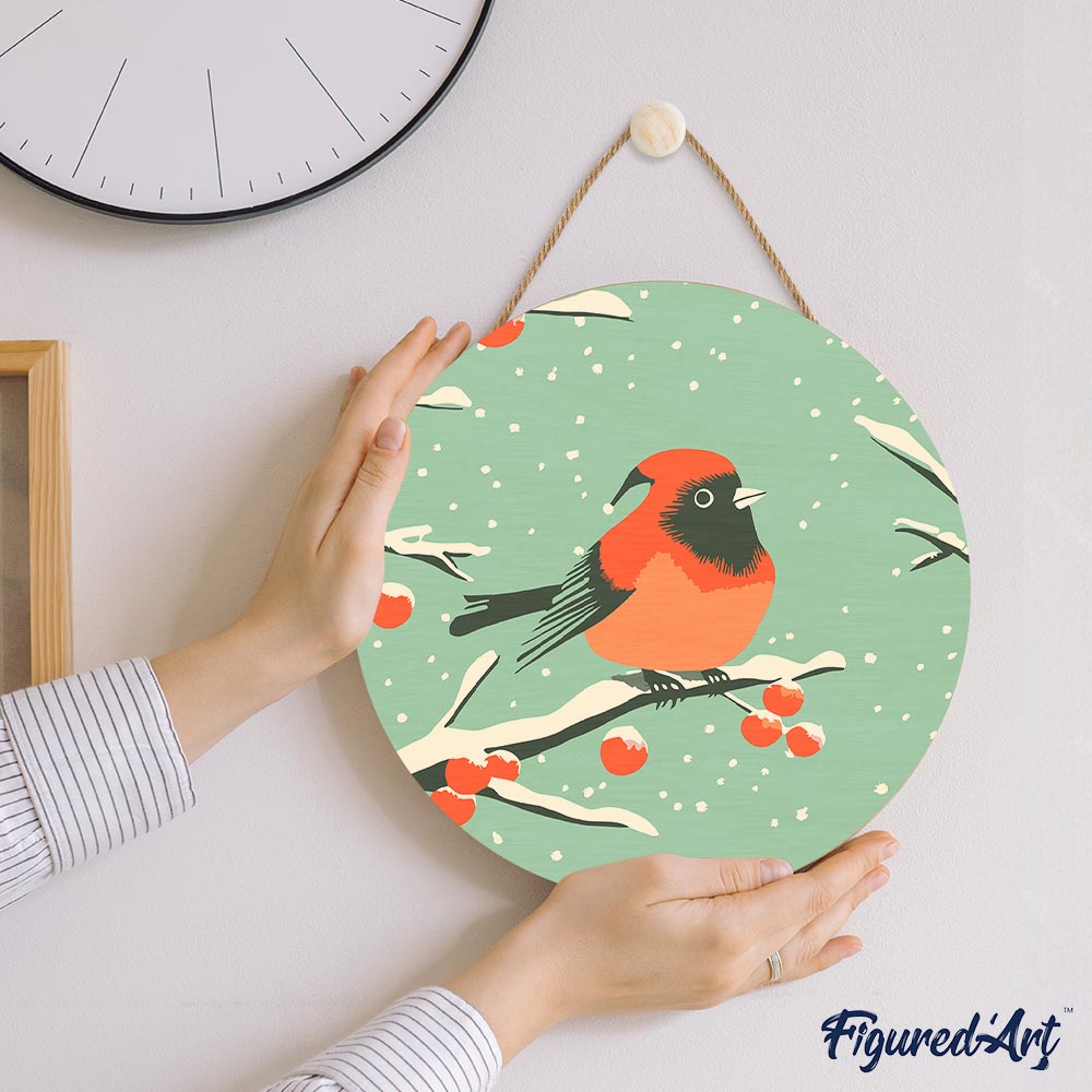 Malen nach Zahlen auf Holzscheibe – Roter Wintervogel - Kidis Art