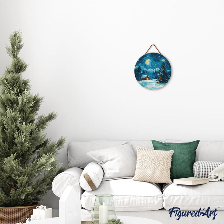 Malen nach Zahlen auf Holzscheibe – Sternennacht zu Weihnachten