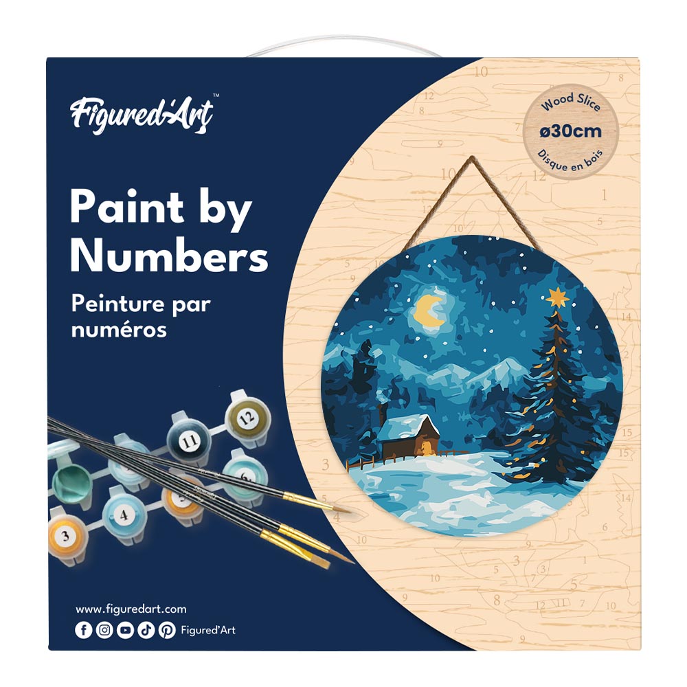 Malen nach Zahlen auf Holzscheibe – Sternennacht zu Weihnachten