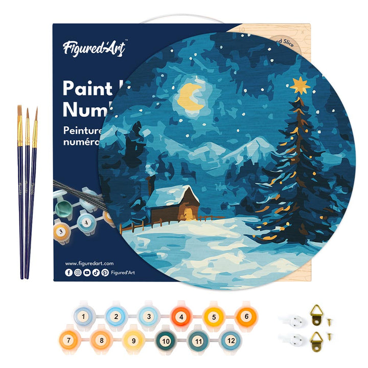 Malen nach Zahlen auf Holzscheibe – Sternennacht zu Weihnachten