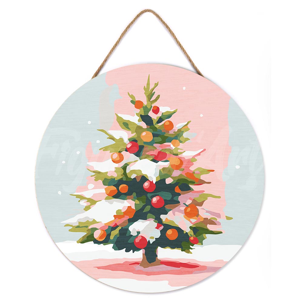 Malen nach Zahlen auf Holzscheibe – Weihnachtsbaum im Schnee