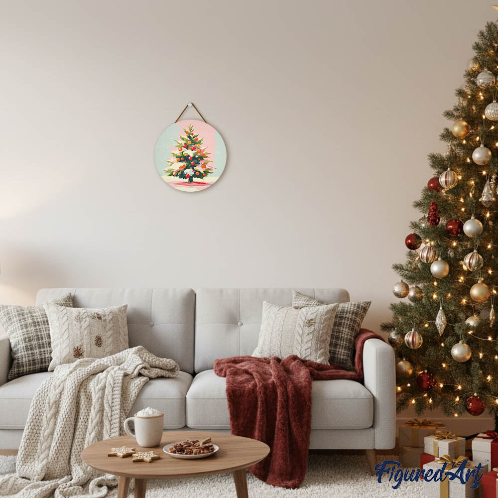 Malen nach Zahlen auf Holzscheibe – Weihnachtsbaum im Schnee